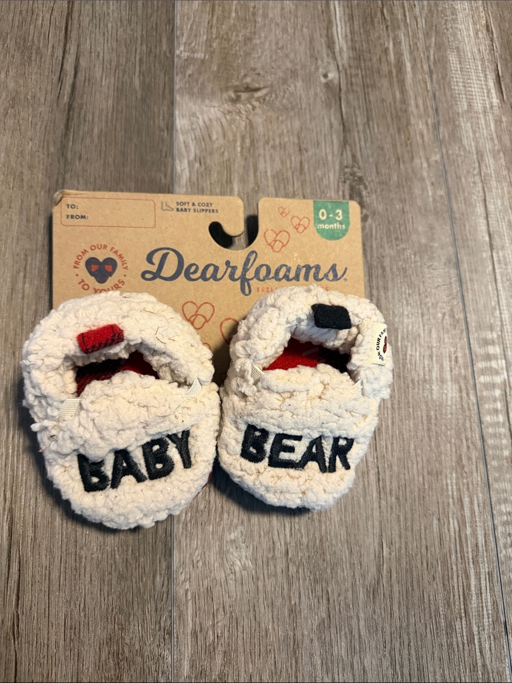 dearfoams Cream Plush 'Baby Bear' Infant Slippers with Black Embroidery